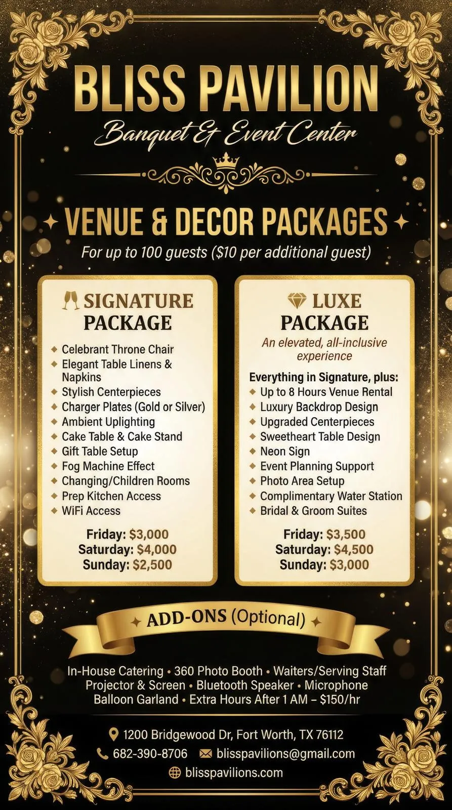 BLISS PAVILION packages and prices