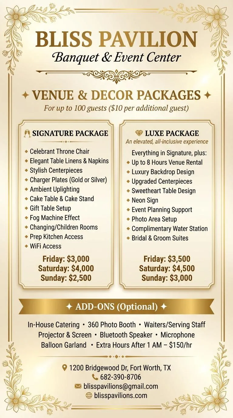 BLISS PAVILION packages and prices